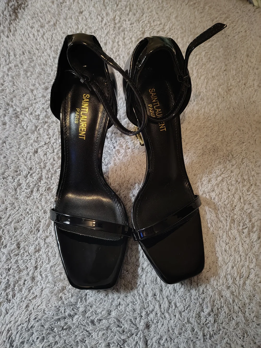 Saint Laurent Black Patent Opyum Logo Heel Sandals - Picture 2 of 10